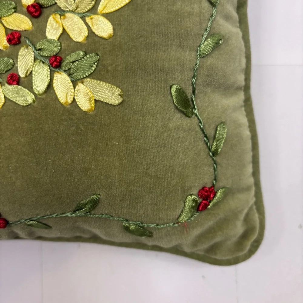 Vtg Christmas Tree Ribbon Embroidery Velvet Throw Pillow Sage Green Holiday